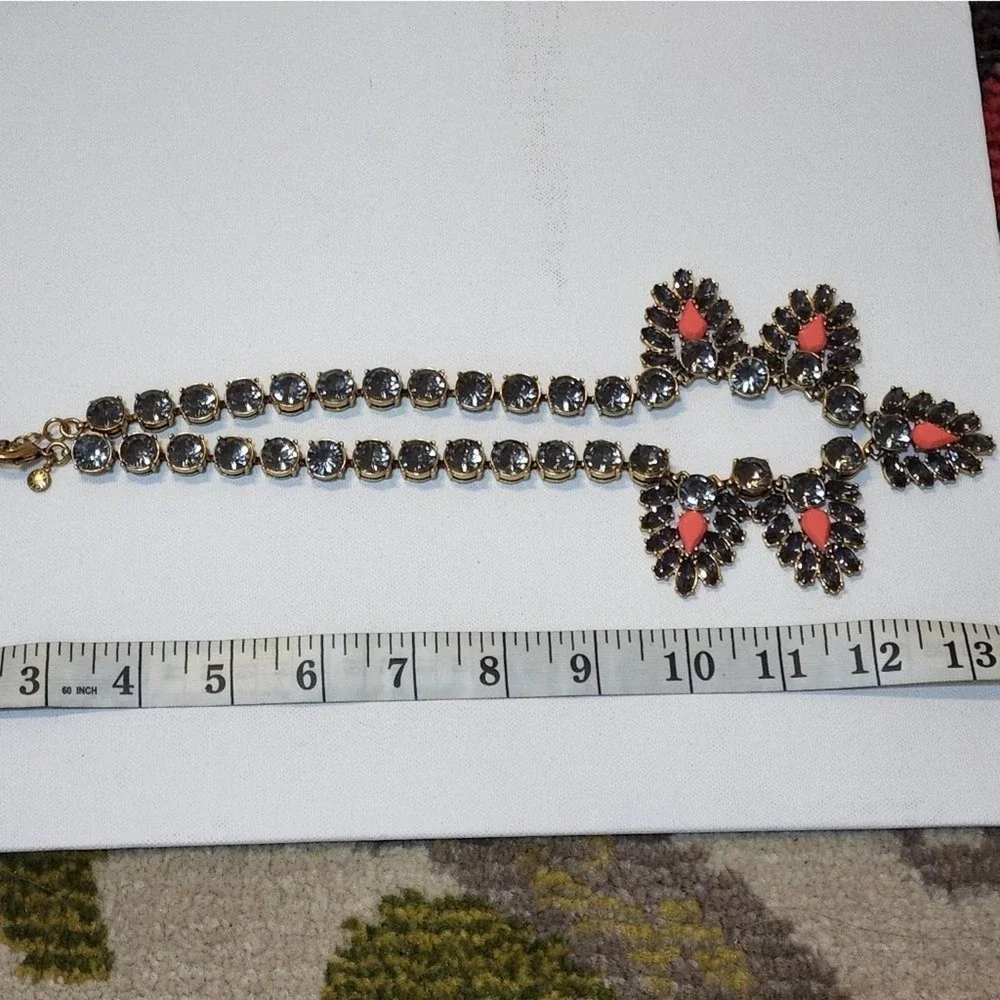J. Crew navy‎ and coral jeweled art deco BRÛLÉE statement necklace